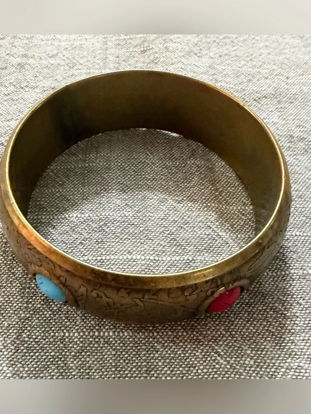 Vintage Brass Accent Bangle with Turquoise Inlay - Gold Finish